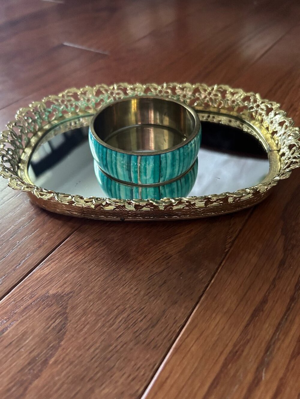 Vintage Boho Brass & Inlaid Teal Bone Bangle Bracelet • Vibrant Turquoise Chunk
